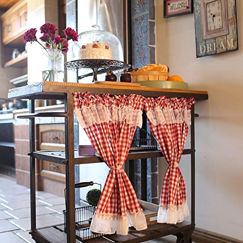 Miniatura 2 de A.Monamour Cortina Cocina Ventana Puerta Corta Pequeña 1 Panel Granja Algodón Opaco Blanco Rojo Cuadros Buffalo Vichy Patrón Con Encaje De Gasa Voile Blanca Bolsillo Para Varilla Panel Cenefa Rustica