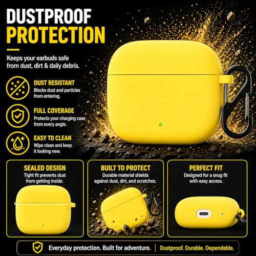 Image of Anvique Silicone Case Cover for Oneplus Nord Buds 4 Pro, Scratch Resistance, Shock Absorption, with Premium Carabiner (Yellow)