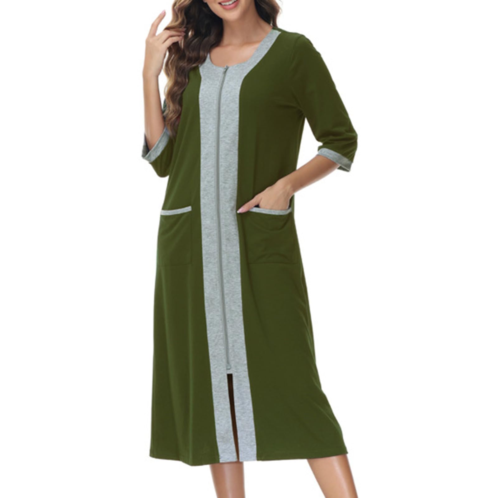 chinese dress ladies RH Womens Zipper Robes Half Sleeve Zip Front Knee Length Housecoat Dre   Richie House USA