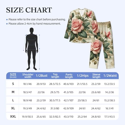 Mens Long Sleeves Pajama Set Floral-Plaid-Pink-Roses Cozy Two-Piece Loungewear For Nighttime Comfort,Casual Wear2