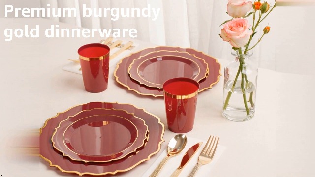 Amazon.com: PREM-QUAL Burgundy & Gold Disposable Dinnerware Set