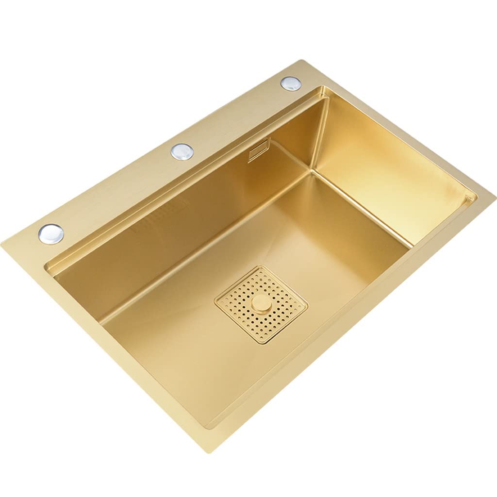 Lavello da Cucina a Una Vasca 75x46x22cm in Acciaio Inox da Incasso/sottotop con Kit di Scarico e Vasca Mobile, Elegante Finitura Oro, Design in Metallo Resistente per cucine Moderne