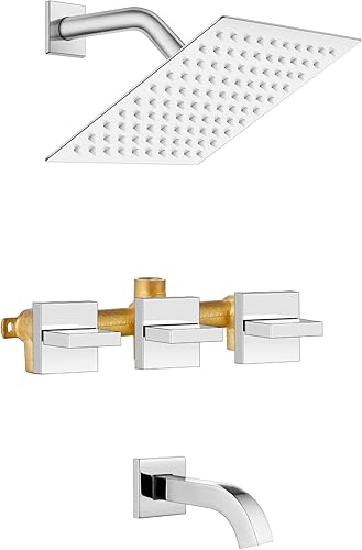 Midanya Grifo de ducha de 3 manijas con boquilla de bañera, juego de grifo de ducha de lluvia de 8 pulgadas y válvula áspera para montaje en pared,