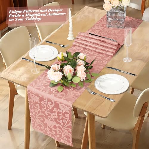 MILVOWOC 12 Pack Rose Gold Satin Table Runner, 12 x 72 Inch Jacquard Damask Table Runner Rectangle Bright Silky Decorative Table Runner for Party Banquet Birthday Dinner Wedding Table Decor by MILVOWOC - Used condition - Image 2