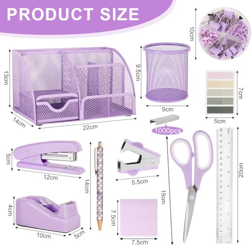 OFFCUP Kit de Papelería de Oficina, Juego de Suministros de Oficina con Organizador de Escritorio, Grapas, Cinta, Qquitagrapas, Tijeras, Regla, Portalápices y Notas Adhesivas (Púrpura) - imagen 2