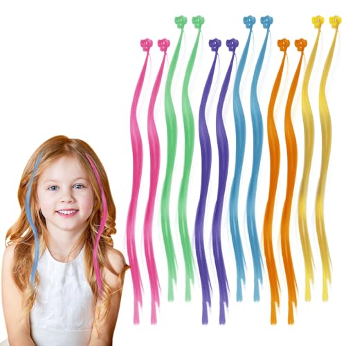 子供用カラーヘアエクステンション 24個 カラフルヘアアクセサリー 女の子用クリップインカラーレインボーヘアクリップ 幼児用 キッズガールズポニーテールアクセサリー