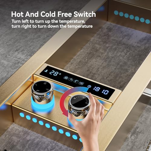 Image of ELLO&ALLO LED Rainfall Shower Head and Rain Massage System with Body Jets Stainless Steel Bathroom Shower Panel Tower System with Shelf, Brushed Gold&Chrome