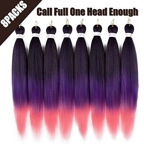 Pre-stretched Braiding Hair Professional Easy Crochet Braid Hair 26 Inch 8 Packs Hot Water Setting Soft Synthetic Braiding Hair Extension for Twist Senegalese Crochet Hair (26 inch, 1B/purple/pink) - Image 4