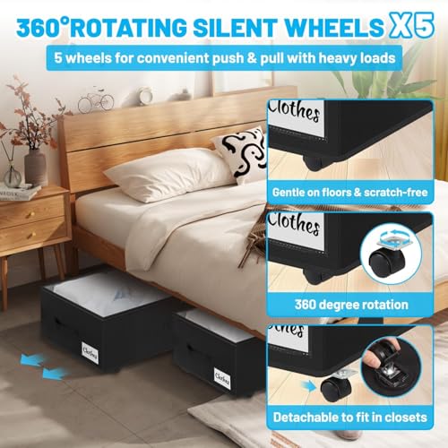 Image of Under Bed Storage with Wheels, 2-Pack 10 inch Height XXL 75L Rolling Storage Bins, Quick Assembly Underbed Shoe Storage Containers with Clear Lid & Label, Dorm Under Bed Drawers for Clothes, Shoes, Black