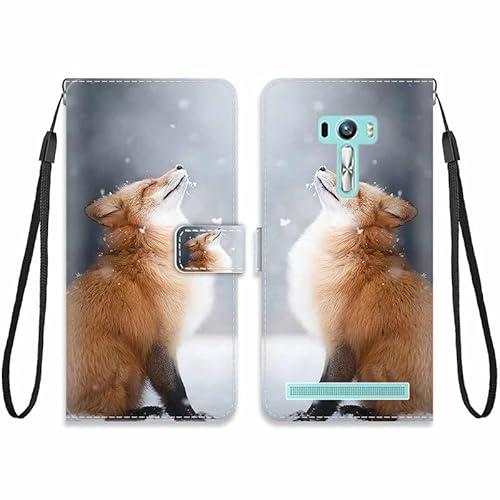 KARTXITAI Hülle Kompatibel mit Asus Zenfone Selfie ZD551KL,Leder Handyhülle mit Kartenfach Geld Slot Ständer PU Ledertasche Wallet Flip Magnetische Muster Schutzhülle-Fuchs,Schnee