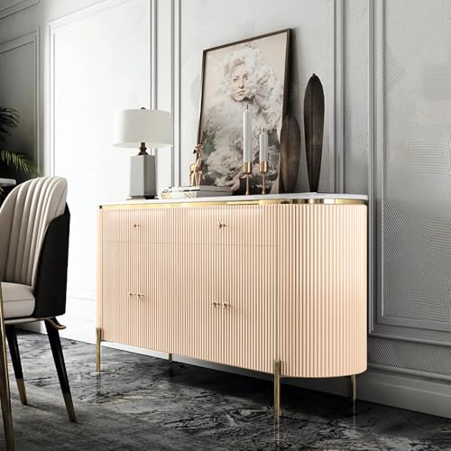 Image of Modern Console Table, 55 x 15 x 30 inch, White Ribbed Design, Marble Top, Gold Accents, 4-Door Storage Cabinet, Waterproof Plywood, PVD-Coated Legs, Elegant Entryway (Ivery)