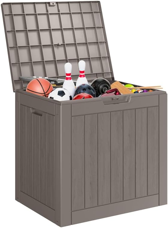 ROJIK Outdoor Storage Housing Deck Box - Waterproof Patio Furniture, Garden Tools, Cushions, Pool Accessories Storage Bench with Lockable Lid and Side Handles (Cappuccino, 28 Gal)