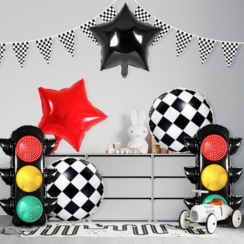 Image of Race Car Birthday Party Decorations with Traffic Light Balloons,Automobile Party Decorations for Kids Include Transportation Light Balloons Checkered Pennant Banner Checkered Balloon