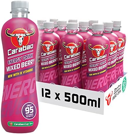 Carabao Energy Drink Mixed Berry, 12 x 500ml Bottles Case, Low Calorie, Lower Sugar, Fizzy Fruit Flavour, Vegan, Gluten Free Drink, B Vitamins, Taurine, Caffeine, No Crash, Bulk Crates, Multipack