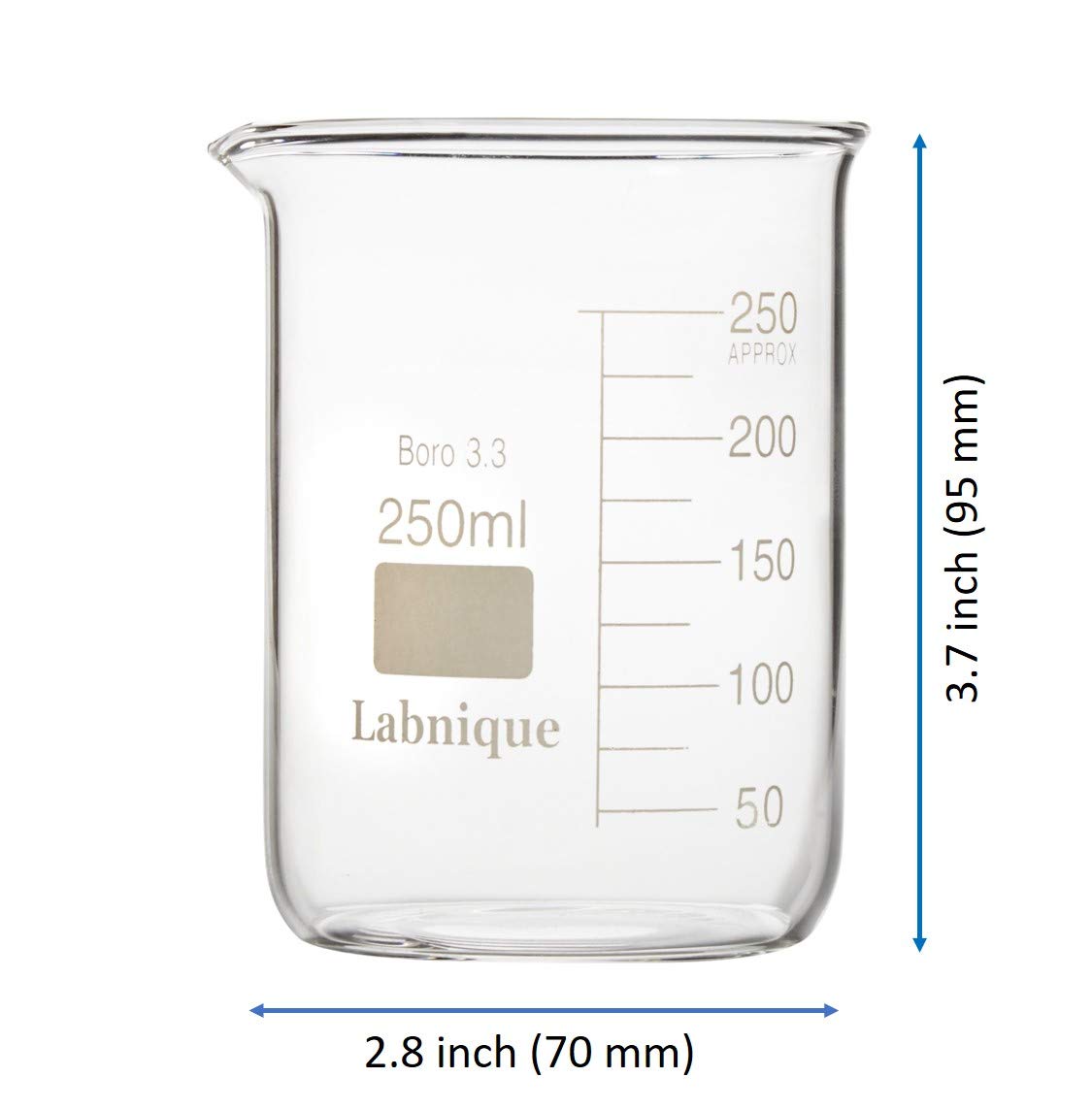 Borosilicate 3.3 Glass Griffin Beaker, Low Form Beaker with Printed Graduation (250ml x8)