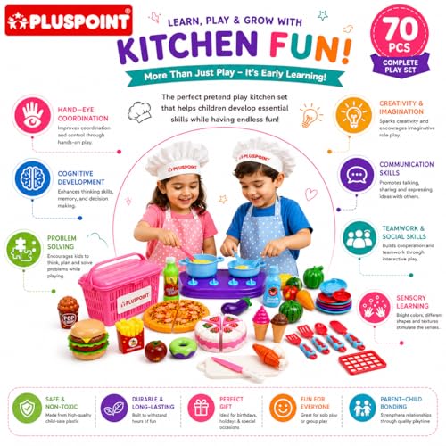 Image of PLUSPOINT 70Pcs The Big Basket Fruit Cutting Toy for Kids with Storage Basket Realistic Sliceable Food Cutting Pretend Play Kids Sets of Cake, Pizza, Kitchen Set, Fruits, Vegies, Fast Food