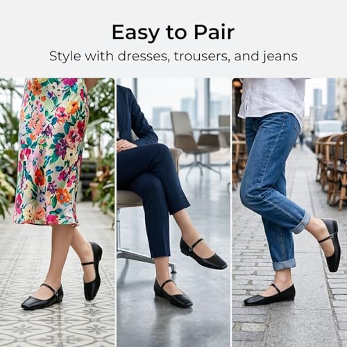 Image of MUSSHOE Square Toe Mary Jane Flats for Women: Comfortable Non-Slip Dressy Business Casual Shoes with Adjustable Strap for Office Work