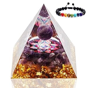 Orgone Pyramid, Amethyst Crystal Pyramid, Protection Crystals Energy Generator for Stress Reduce Meditation, Attract Wealth Lucky(with 1 Chakra Bracelet)