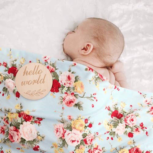 Image of DRESHOW BQUBO Floral Swaddles for Baby Girl Newborn Receiving Blanket with Bow Hat Mittens Wooden Birth Announcement Card Set Baby Floral Print Swaddle Nursery Swaddle Wrap