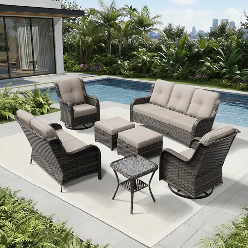 Image of Joyside 7 Piece Wicker Patio Furniture Set, Outdoor Swivel Rocker Patio Chairs with High Back, Deep Seating, Wide Armrest, Thickened Cushions, Outdoor Furniture for Deck, Porch Use