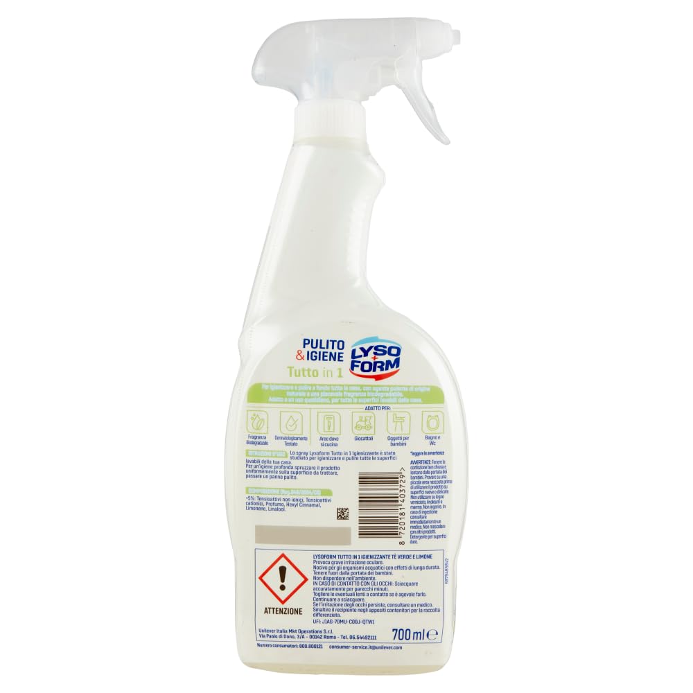12 X Lysoform Pulito & Igiene Tutto in 1 – Spray detergente con tè verde e limone per la pulizia di superfici della cucina e del bagno – Detergente 700 ml