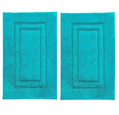 Image of TEXTILESY 2 Piece 100% Cotton Bath Mats Luxury Terry Towelling 1000-GSM Soft Towel Mat - Shower Floor Mat - Reusable Bath Mat Set 50 x 70 cm (Teal)