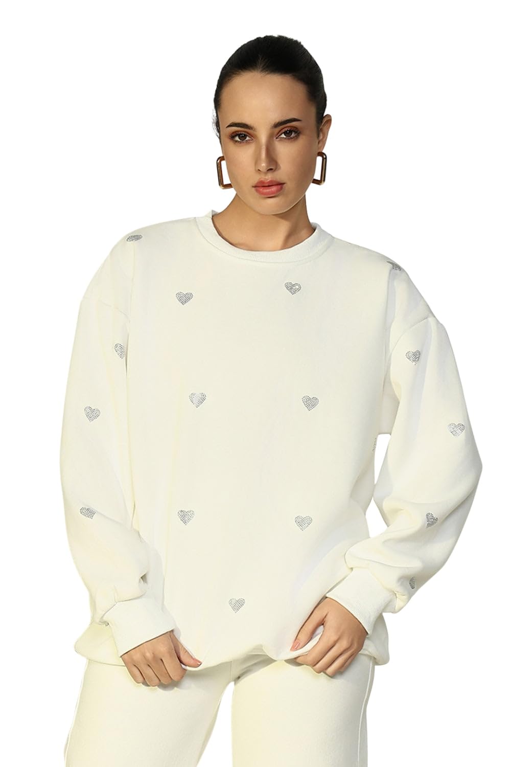 showoffff Edition Women's White Oversized Sweatshirt with Small Embellished Hearts-CHN-9504_White-P-picture-37