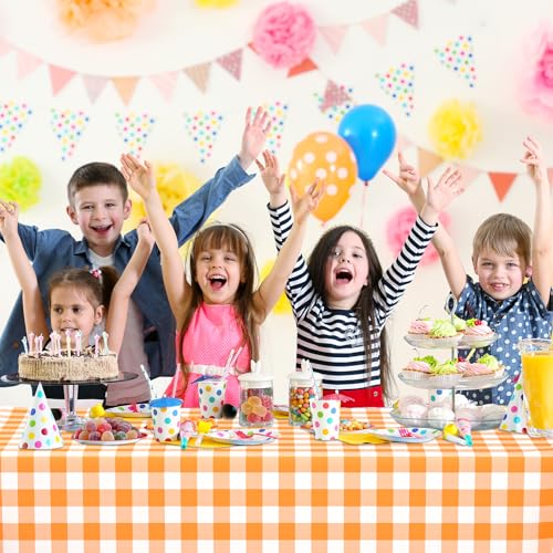 Image of WNINK 2 Pack Orange and White Checkered Rectangular Plastic Tablecloths, Orange Gingham Waterproof Disposable Table Covers 54 inch x 108 inch for Birthday, Wedding, Outdoor Picnic Camping Parties