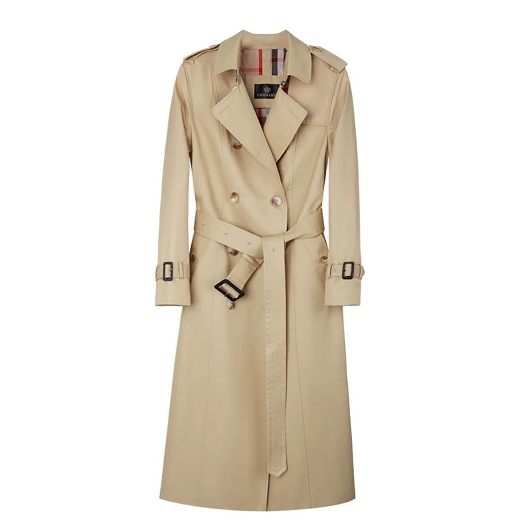 Womens Trench Coat Long Double Breasted Trench British Cotton Plaid Lining Trench