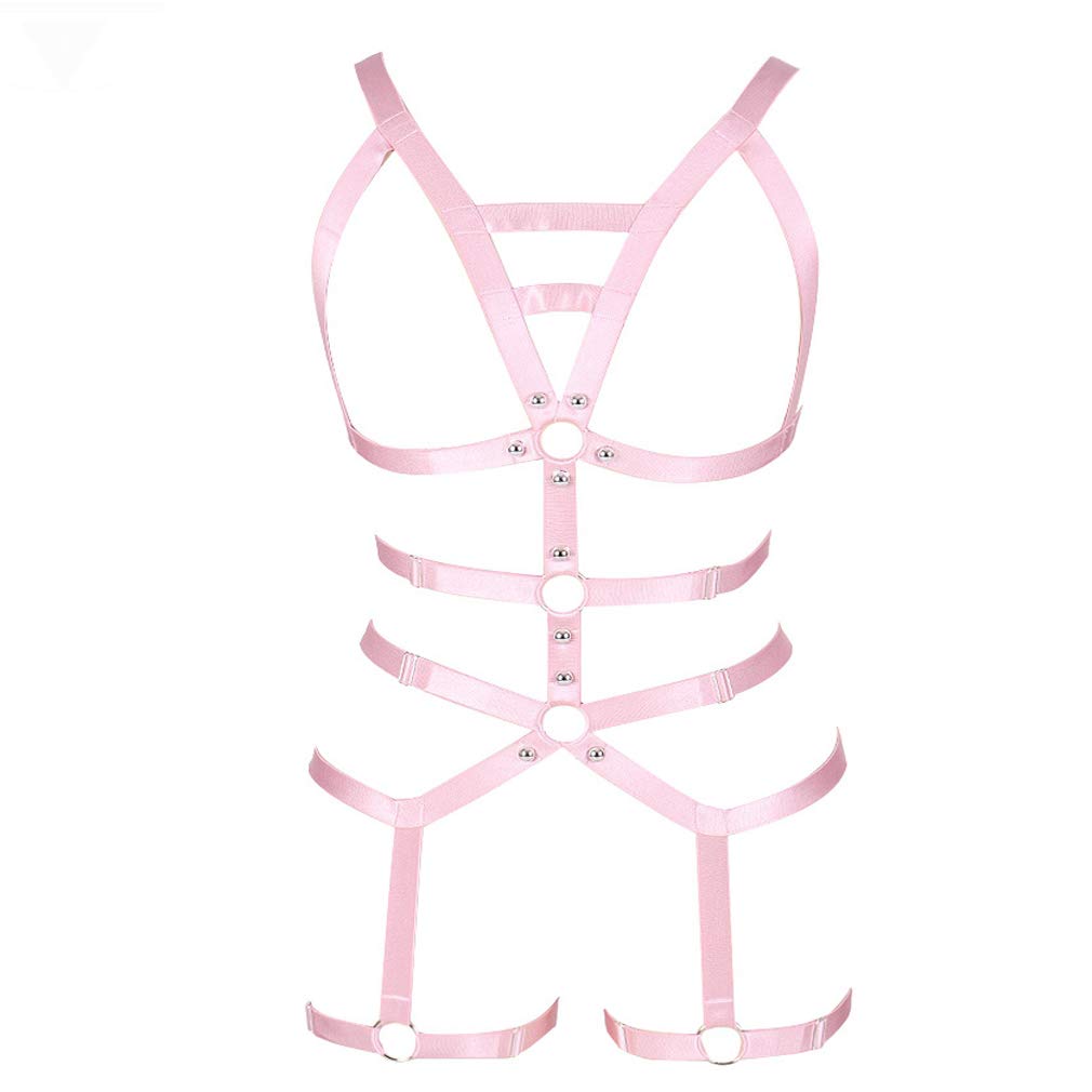 MAMOHSSWomen's Punk Goth Harness Body Full Strappy Hollow Out Waist Belts Dance Rave Wear - Pink - Adjustable