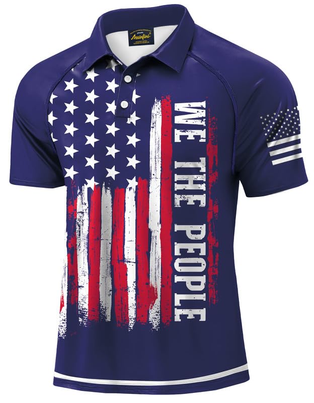 MainfiniMen's Short Sleeve Golf Shirt 1776 USA Flag Graphic Button Polo Shirt (S-3XL)