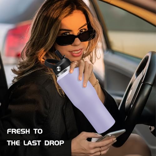 Image of Insulated Water Bottle 32oz with Strap, Water Bottle with Straw & Top Handle for Hot 24h & Cold 48h, Stainless Steel Leakproof Travel Flask, Purple Thermal Cup Fits in Cup Holder