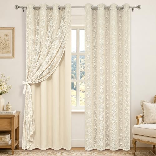 Yinhua Beige Blackout Curtains Double Layer Curtains for Bedroom 84 Inch Length Nursery Curtain for Living Room, Grommet Drapes with Tiebacks, 2 Panels, 52" W x 84" L