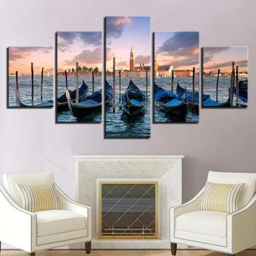 Tableau décoration murale salon Venise en 5 parties - Impression sur toile XXL bleu 200x100 cm