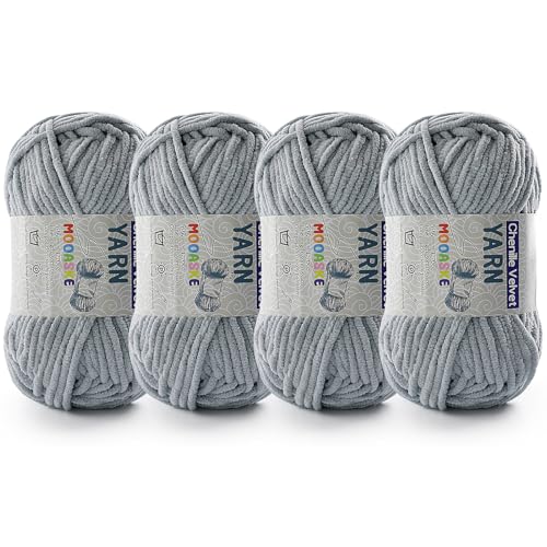 Image of 4 Pac Chenille Yarn for Crocheting - Blanket Yarn for Crocheting - Fluffy Yarn for Crochet, Baby Yarn for Crocheting Soft Blankets Weight Per Roll 50g /1.76oz, Length 60m /65yard (Light Grey)