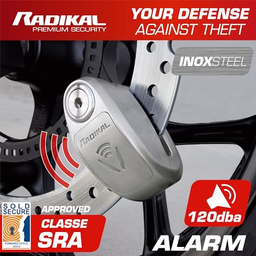 Radikal RK910S Bloccadisco Moto Con Allarme 120Db On/Off, Omologato Sra Et Sold Secure, Serratura Alta Sicurezza A Doppia Chiusura 10Mm, Batteria Lunga Durata, Acciaio Inox, Antifurto Lucchetto Moto - 2