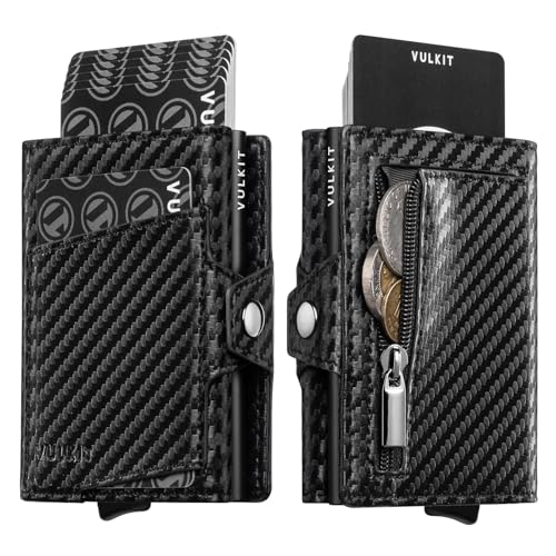 VULKIT Wallet for Men with Pop Up Card Holder 10-12 Cards, Trifold RFID Blocking Credit Card Wallet with ID Window, Cash Slot, Zip Coin Pocket, Minimalist Smart Compact Metal Aluminum Card Case