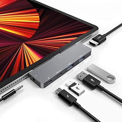 USB C HUB for iPad Pro, Adapter for iPad Air, iPad Pro Hub Docking Station with 4K HDMI,3.5mm Headphone Jack,2 USB3.0 Ports,USB C PD Charging&Data, for iPad Mini M4 M2 11 12.9 13 inch Accessories Cover