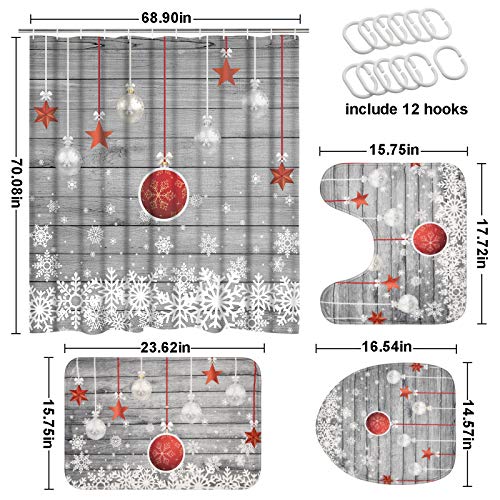 Ikfashoni 4 Pcs Christmas Shower Curtains Set With Non-Slip Rugs, Toilet Lid Cover And Bath Mat, Xmas Snowflake Stars Shower Curtain With 12 Hooks, Grey Vintage Wooden Xmas Shower Curtain For Bathroom #TOP6