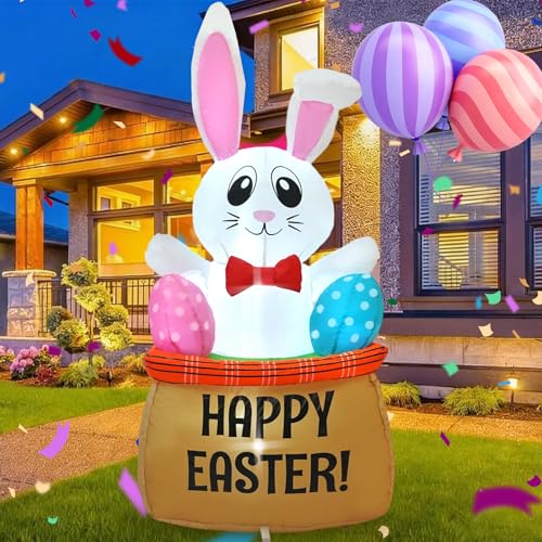 HZGDEJTG4FT Egg Basket Bunny Easter Inflatable Outdoor Decoration with Built-in LED Light Suitable for Gardens Patios Outdoors Lawns and Parties.