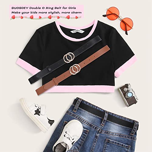 2 Pack Kids Leather Belts For Girls Suosdey Solid Colors Skinny Belt For Teen Girls With Double O-Ring Buckles #TOP4