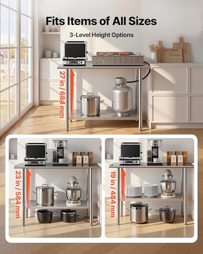 Image of VEVOR Stainless Steel Work Table, 24x48 Inch Food Prep Table, Commercial Kitchen Workstation with Adjustable Undershelf, Metal Heavy Duty Utility Worktable, for Restaurant Home Hotel Garage Outdoor