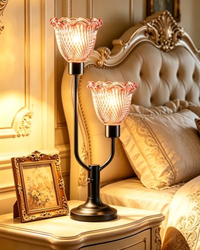 Image of Lightdot Mid Century Modern Table Lamp Dimmable Vintage Red Glass Lamp Gift | Black Desk Lamp 2 Bulbs Included 3000K Warmwhite Nightstand Ambient Bedside Lamps for Bedroom Living Room Home Decor Gift