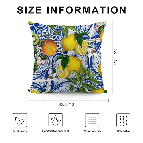 Akame Mediterranean Lemon On Blue Ceramic Tiles Throw Pillow Cover Cozy Square Throw Pillowcases Home Decorative For Bed Couch Sofa Living Room Cushion Cover 18'X18', One Size #TOP1