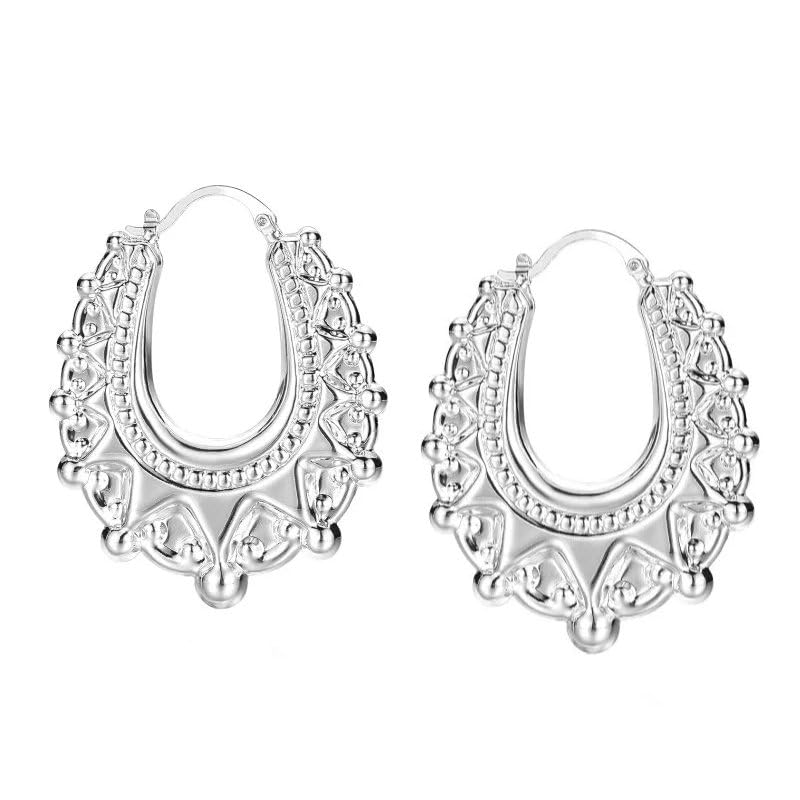 Boucles d'oreilles créoles ovales acier argenté 40x48mm style victorien