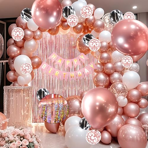 YinQin 118 PCS Rose Gold Happy Birthday Balloon Set with Filling Pump Pink Gold Party Balloon Glitter Rose Golden Curtain Bachelor Party Decoration Balloon Happy Birthday Party Supplies for Women Girl