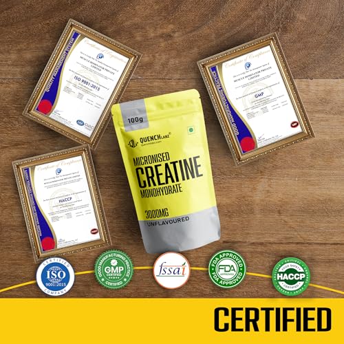 Image of QuenchLabz Creatine Powder 3000 mg | Mircronized Creatine Monohydrate | Creatine Monohydrate 100g for For Lean Pump and Volumization | Gym Supplement for Men for Pump and Strenght - Unflavoured Powder - 33 Servings