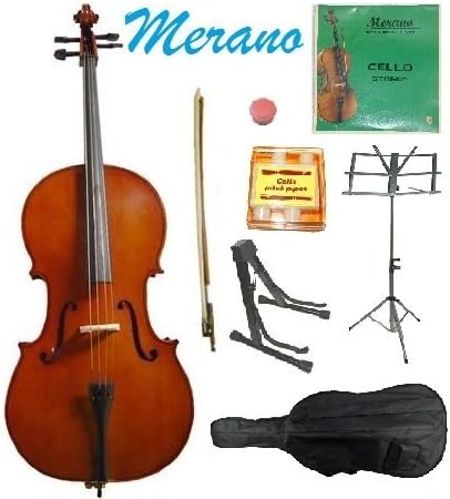 MERANO 1/2 Size Natural Cello with Bag and Bow+Rosin+Extra Set of Strings+Tuner+Cello Stand+Music Stand