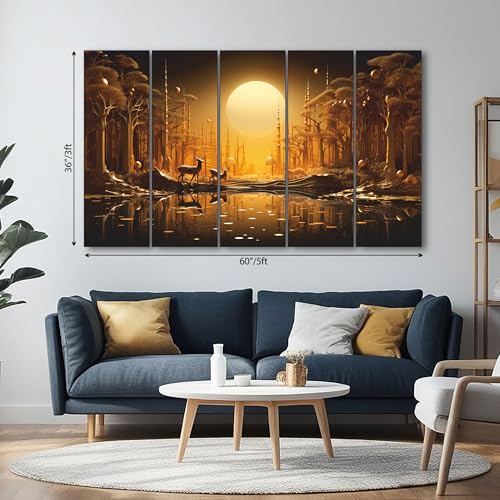 Image of The Castle Decor Golden Deer Wall Painting for Living Room Big Size - Deer Wall Painting for Bedroom, Office, Drawing Room, Hotel - Elegant Wall Decor Art for Home Decoration, Gifting (36x60 inch)