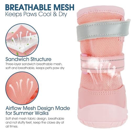 Image of ROZKITCH 4PCS Dog Boots for Large Dogs, Medium Dog Shoes & Paw Protectors for Hot Pavement, Summer Heat Protection, Mesh Breathable Nonslip Dog Booties for Hardfloors, Walking Running Hiking Pink 2#